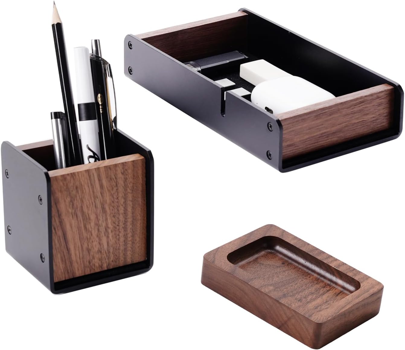 Walnut Desk Tray with Pen Holder Set, Solid Wooden Desk Drawer Organizer for Keys, Pen, Watch, Airpods, Earbuds, Cool Valet Tray for Men