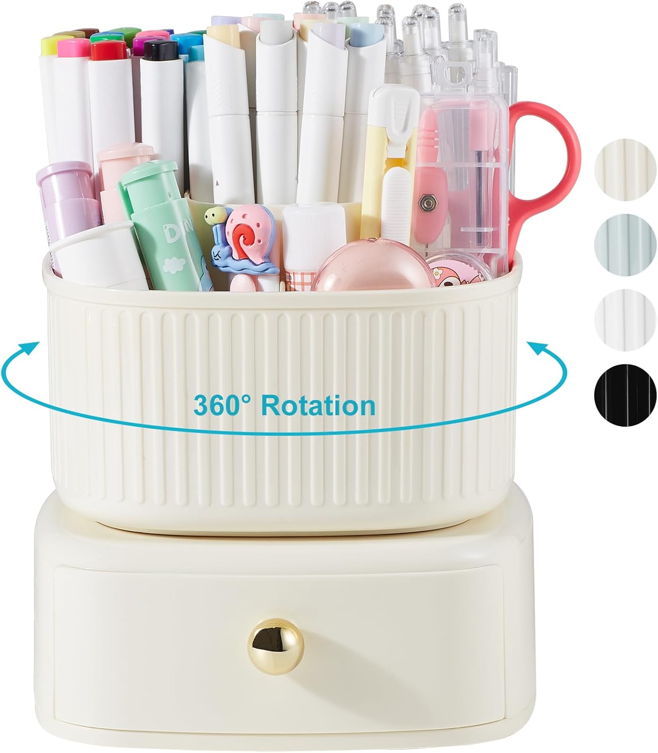 Desk Pencil Pen Holder, 5 Slots 360 Degree Rotating Pencil Pen Organizers for Desk Desktop Storage Stationery Supplies Organizer Cute Pen Cup for Office School Home Art Supply Cream Yellow