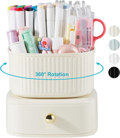 Desk Pencil Pen Holder, 5 Slots 360 Degree Rotating Pencil Pen Organizers for Desk Desktop Storage Stationery Supplies Organizer Cute Pen Cup for Office School Home Art Supply Cream Yellow
