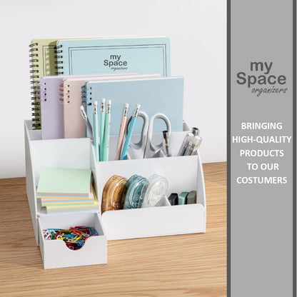 My Space Organizers Clear Acrylic Desk Oganizer, 9 Compartments, Office Supplies and Desk Accessories Organizer, Home Decor Desktop Organizer (Clear)