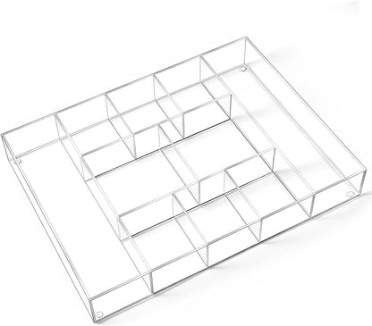 Large Acrylic Desk Deep Drawer Organizer with Adjustable Dividers, Anti-skip Clear Desk Top Junk Drawer Storage Tray for Pens, Desktop, Office, Bathroom, Kitchen, Makeup Supplies(7 Compartments)