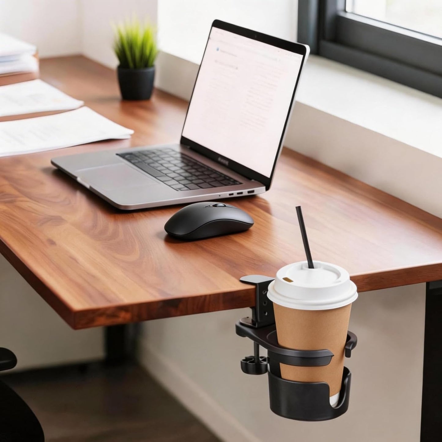 Clamp-On Under Desk Organizer with Cup Holder, 360° Rotating Mesh Drawer with Cable Hole, No-Drill Desk Drawer Organizer for Gaming Desk Accessories, Office Supplies, Coffee Mug, Dorm(2 in1)
