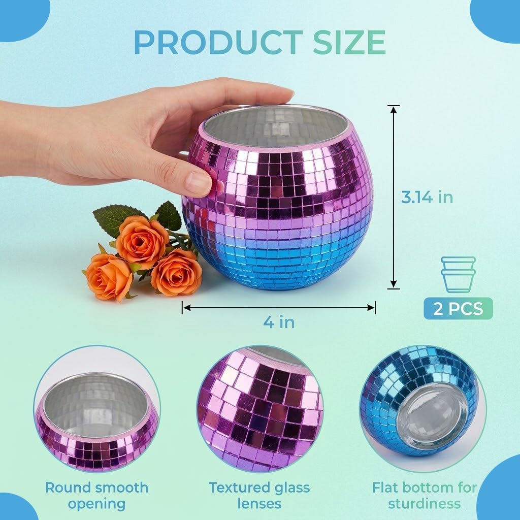 2 Pack Glass Disco Ball Makeup Brush with Smooth Grouting - Premium Mirror Mosaic Pencil Cup for Desk, Cute Pen Holder, Aesthetic Room Decor Gift (Iridiscente)