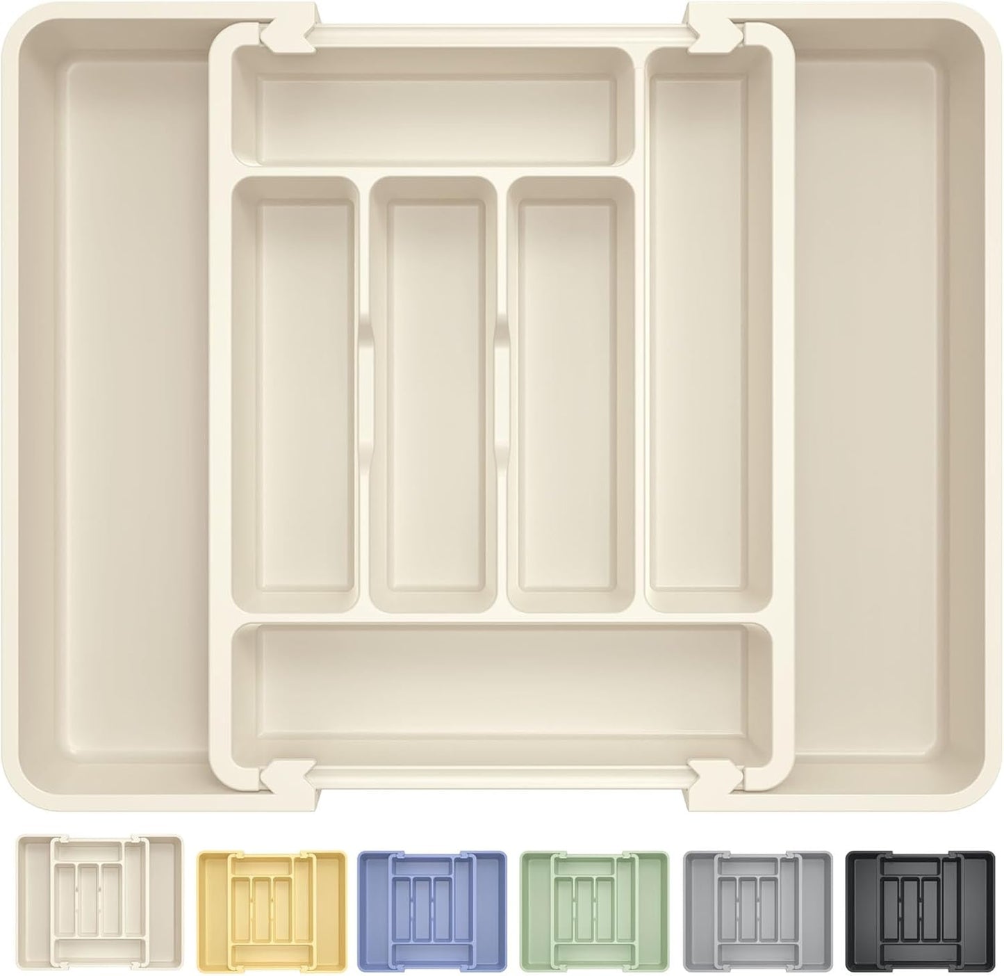 Caperci Large Silverware Organizer for Kitchen Drawer & Utensils - Expandable Drawer Organizer for Cutlery, Flatware & Gadget, BPA-Free Thick Plastic, Wider Compartments & Non-skid Feet (Tofu)