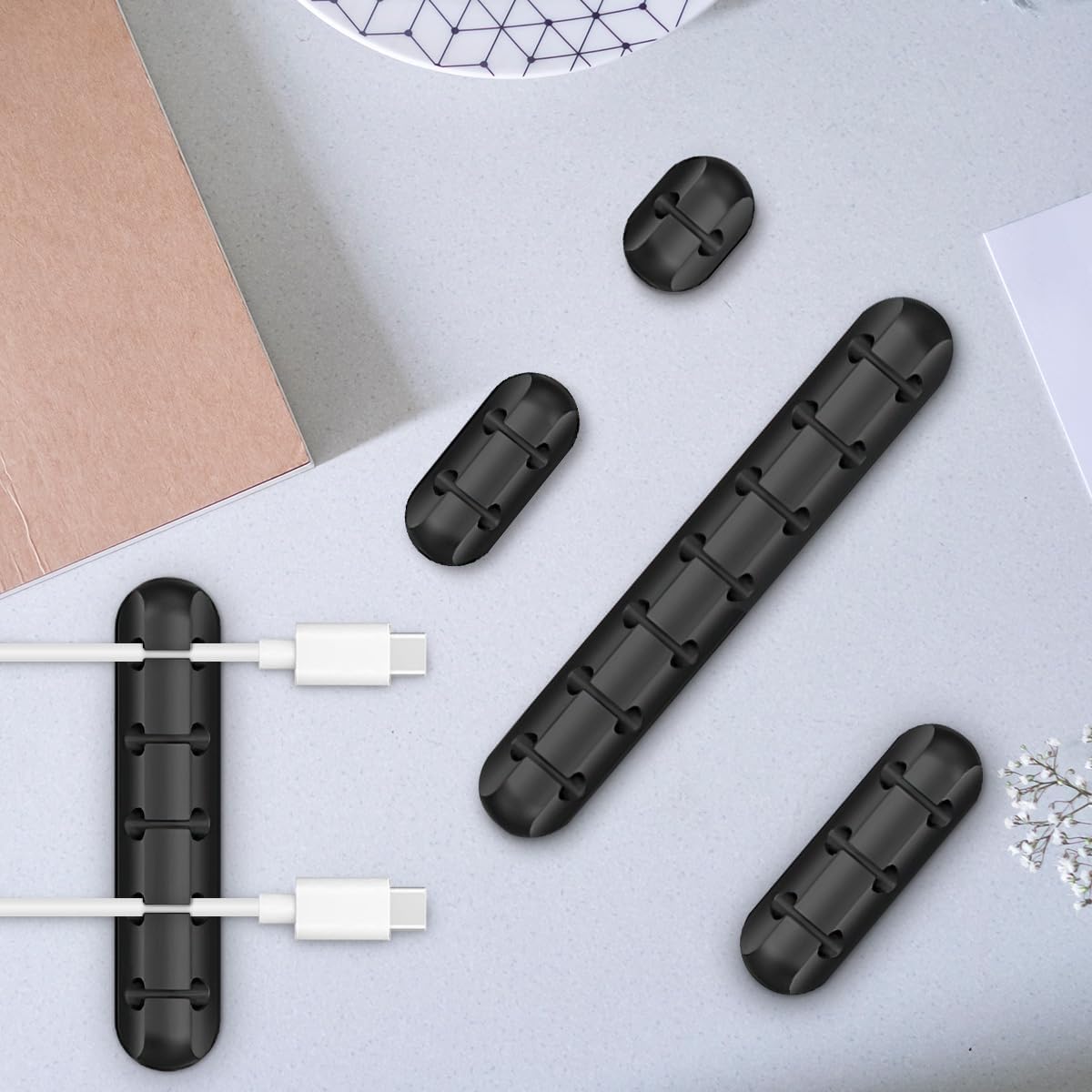5 Packs Cord Organizer, Cable Management USB Power Wire Cord Clips, Cable Organizers for Car Home and Office (1, 2, 3, 5, 7 Black)