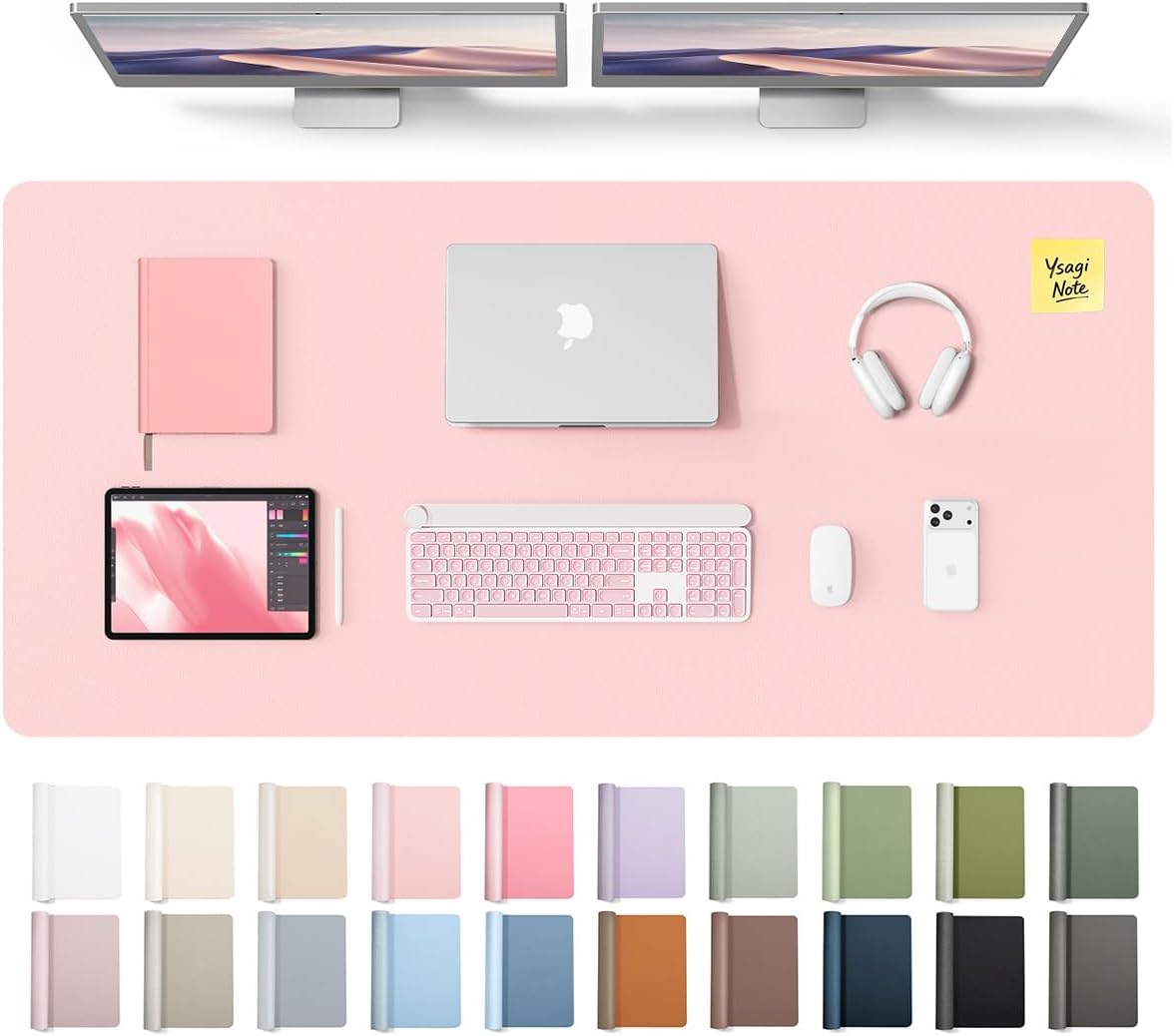 YSAGi Leather Desk Protector, Office Mat, Large Mouse Mat, Non-Slip PU Leather Blotter, Laptop Pad, Waterproof Writing Pad for Office and Home (Light Pink, 23.6" x 13.8") - Colors B