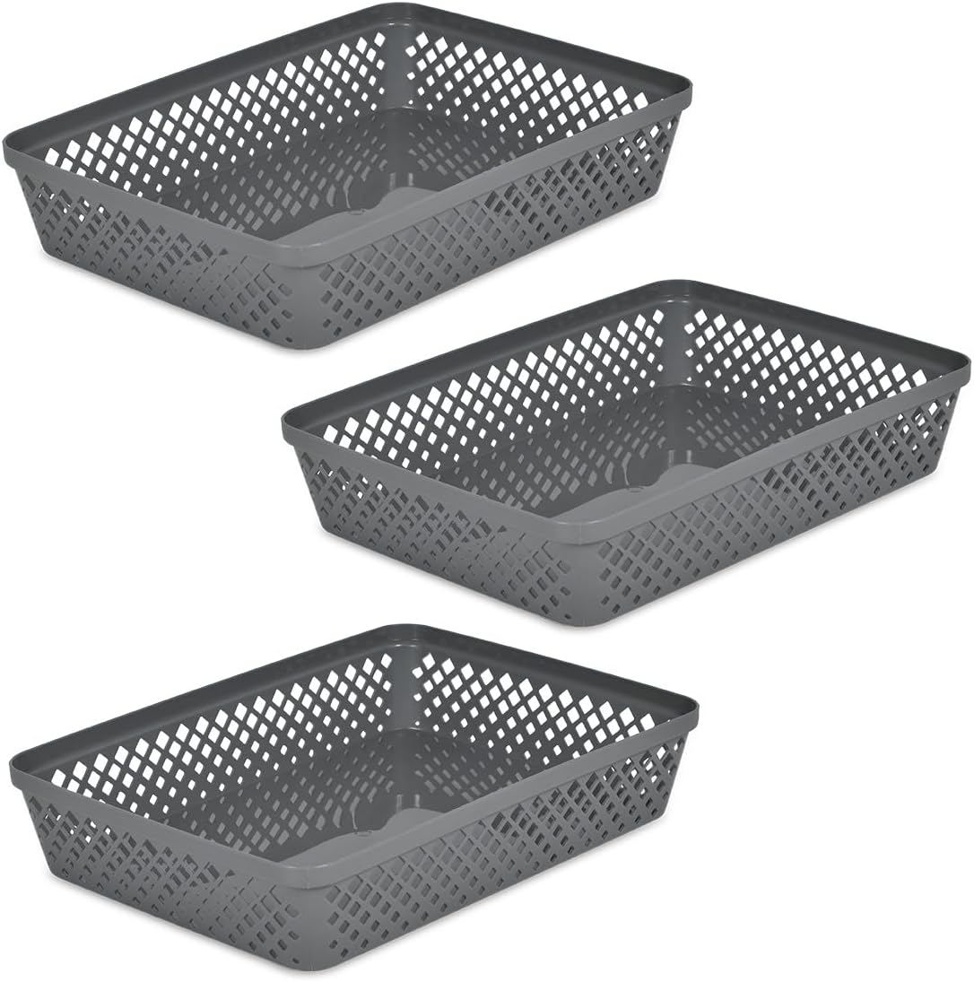 Glad Plastic Storage Basket Set - Multipurpose Drawer Trays, Kitchen Pantry Containers, and Bathroom Bins - 6 Pack Medium Organizers, Grey