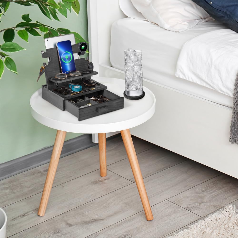 Black Wood Phone Docking Station for up to 3 Phones - Nightstand Organizer with Drawer for Valuables for Men & Women, Compatible With Apple Watch, Holds Phones, Tablets, Keys, Rings, Glasses, EDC