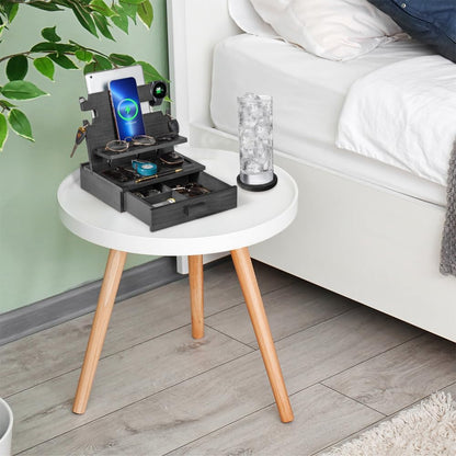 Black Wood Phone Docking Station for up to 3 Phones - Nightstand Organizer with Drawer for Valuables for Men & Women, Compatible With Apple Watch, Holds Phones, Tablets, Keys, Rings, Glasses, EDC