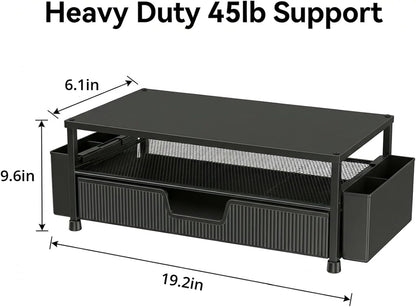 ECOLOVI Desk Organizer and Accessories, 2-Tier Computer Monitor Stand Rise with Storage Drawer & 2 Pen Holders, Laptop & Printer Stand for Desktop, Workspace Organizers for Office Supplies (Blue)