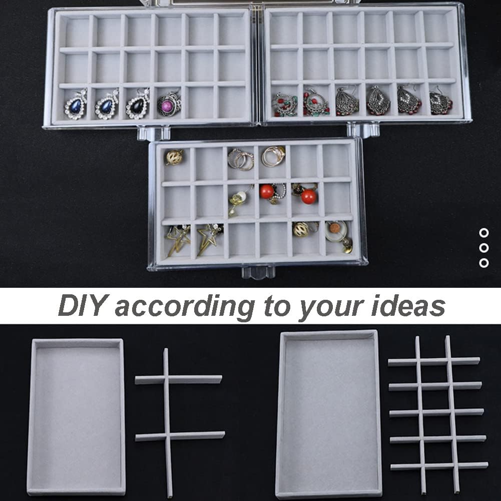 YUFONG Earring Organizer Box Acrylic Jewelry Organizer with 3 Drawers 54 Adjustable Grids Clear Stackable Earring Holder Velvet Trays Ring Display Case for Women Girls (Beige)