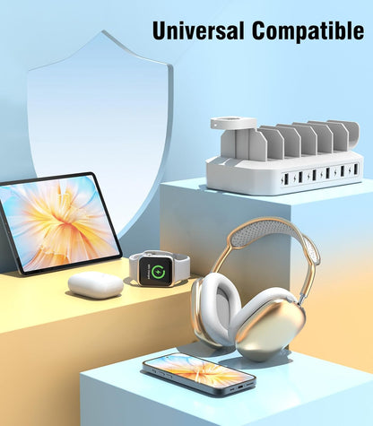 95W Fast Charging Station for Multiple Devices【UL & FCC Tested Safer Charging】 6-Port USB Charging Dock with 2 PD-Port, Compatible with iPhone/Android/MacBook/iPad/Tablet/Kindle(8 Cables Included)
