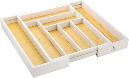 Cozee Bay Bamboo drawer organizer, utensil holder, silverware organizer, and adjustable cutlery tray with drawer dividers, for kitchen, office desk, and bathroom storage (White)
