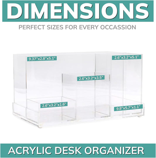pbf Acrylic Desk Organizer | 5-Piece Modular Clear Acrylic Pen Holder & Paper Tray | Pen Organizer | Bookmark Holder | Pencil Cups