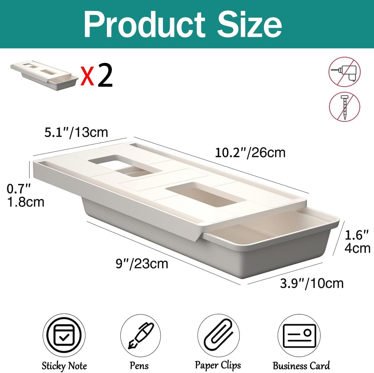 SVNNELP Large Under Desk Table Drawer Storage Organizer A4, Hidden Self-Adhesive Under Desk Pencil Tray Drawer for Office (Clear Black/L)
