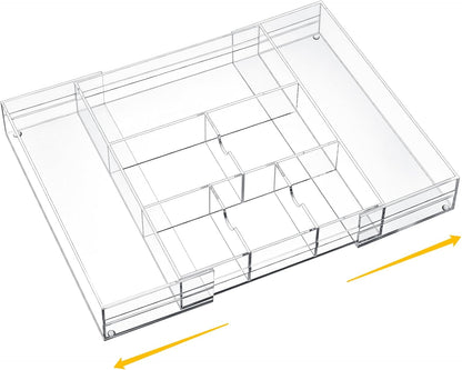 Briwooody 1 Pcs Acrylic Desk Drawer Organizer 9'' up to 16'' x 12'' x 2.2'' Expandable Drawer Organizer Trays with 10 Adjustable Compartments Clear Desk Accessories for Makeup Office Bathroom