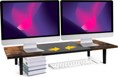 Across-Star Dual-Monitor-Stand-Riser-For-Desk Adjustable Length 32-40 Inch，Large Desktop Computer Monitor Riser For 2 Screens，Desk Shelf Organizer Riser Stand For Computer/Laptop/PC/Printer/TV Black