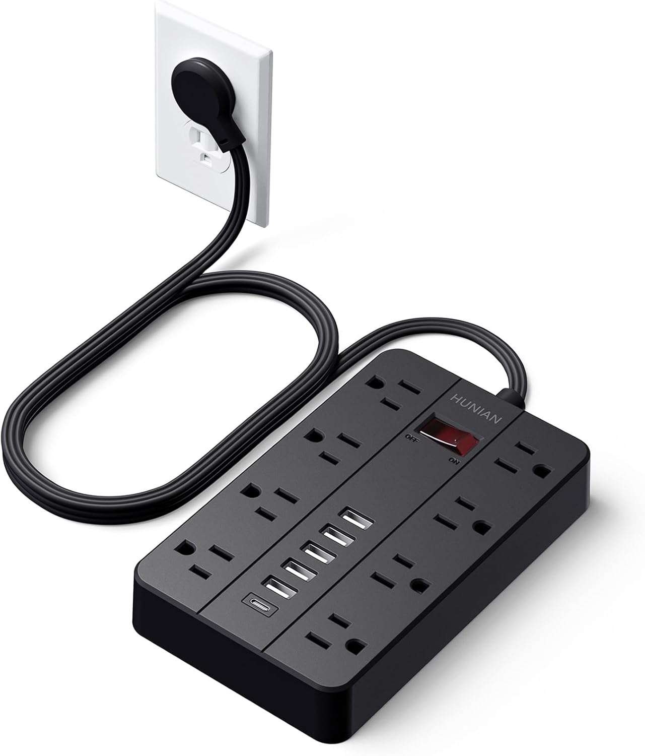 Power Strip with USB, Flat Plug Extension Cord Surge Protector 5 Ft, HUNIAN Power Strip with 8 Widely Spaced Outlets 6 USB Charger (1 USB C Port), Desk Charging Station for Home Office, White