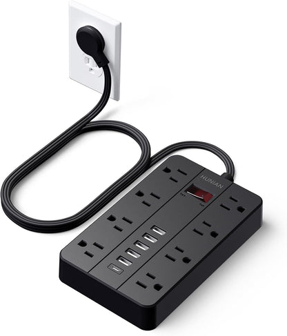 Power Strip with USB, Flat Plug Extension Cord Surge Protector 5 Ft, HUNIAN Power Strip with 8 Widely Spaced Outlets 6 USB Charger (1 USB C Port), Desk Charging Station for Home Office, White