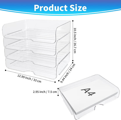 4 Pack Stackable Letter Tray for Desk, Clear File Organizer for Files, iPad, Letters, A4 Office Files, Books, Notes, Vertical