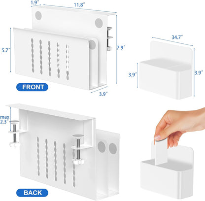 HAMOPY Desk Side Storage, Single-Layer Steel Hanging Desk Organizer with Magnetic Pen Holder, No Drilling Desk Drawer Cable Management Tray, Under Desk Laptop Holder for Office, School&Home(White)