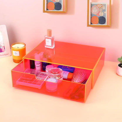 Gelite Acrylic Desk Organizer with Drawer for Makeup Vanity Stackable Desktop Storage Box for Office Supplies, 13.8 x 9.8 x 3.9’’, Neon Green