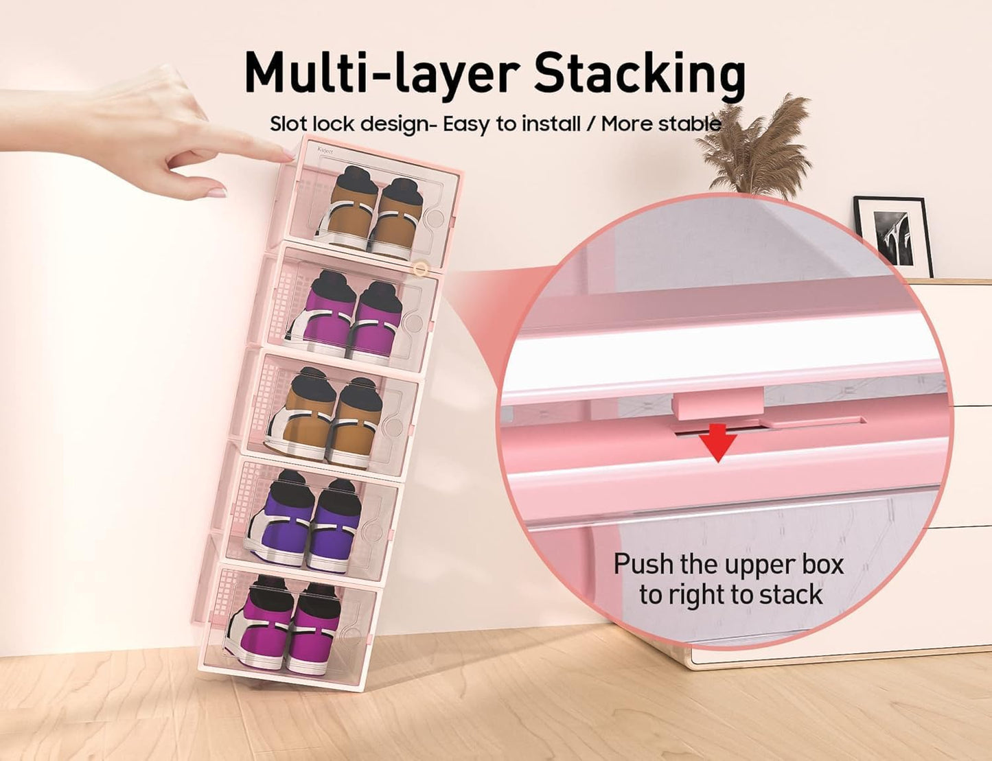 Kuject X-Large Shoe Storage Boxes Organizers Clear Plastic Stackable 12 Pack, Shoe Rack & Holder Substitute, Sneaker Containers, Toy Storage Organizer Bins for Entryway, Closet, Under Bed, Black