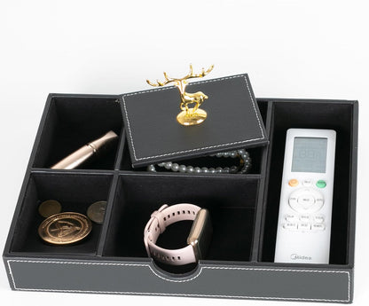 Jewelry Trays Nightstand Organizer, Valet Tray for Men and Women, Dressing Table Storage Box, Dark Brown Faux Leather, 5 Compartment