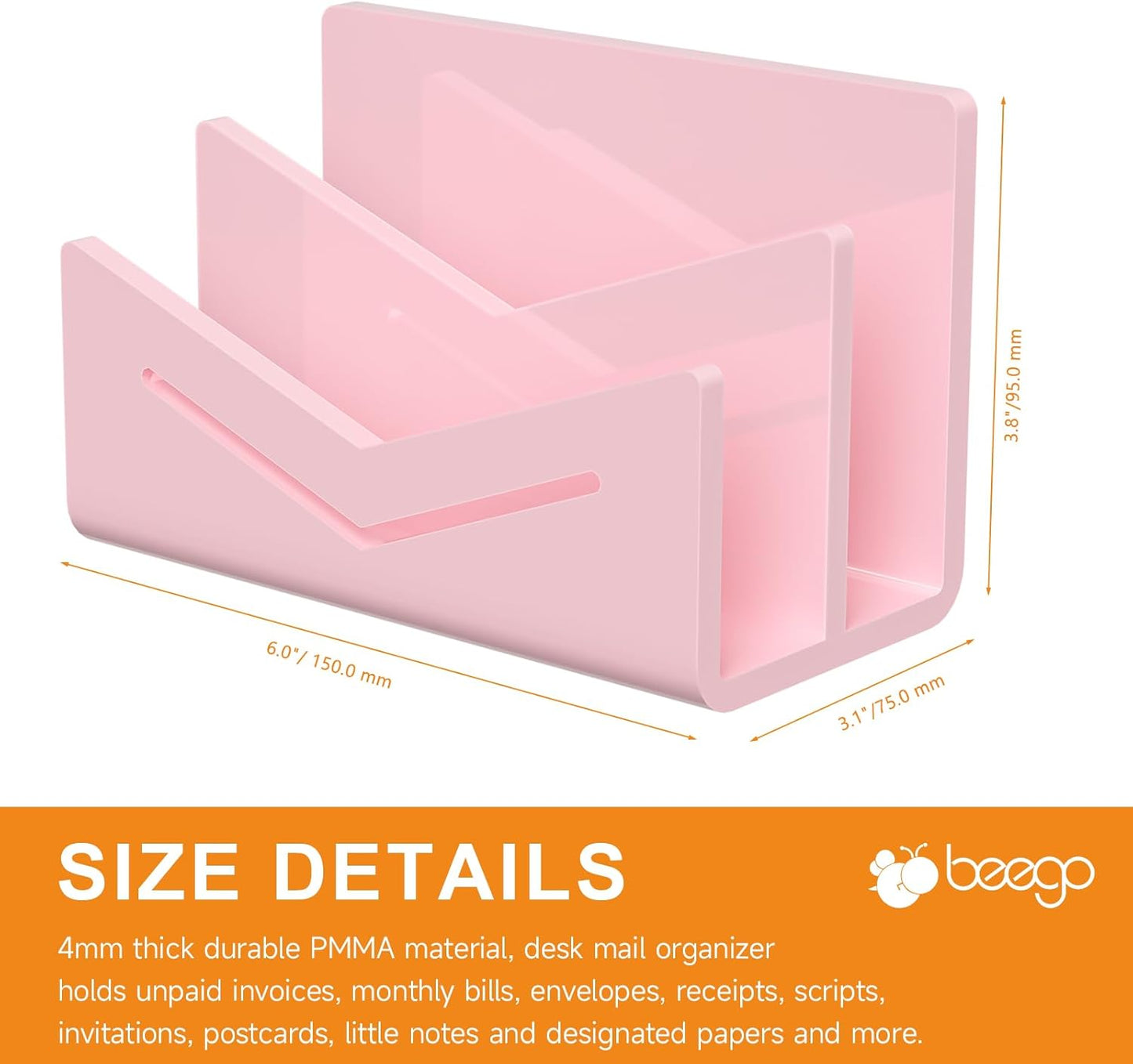 Beego Envelope and Mail Organizer Countertop - Clear Acrylic Desk Organizer Letter Holder Desktop File Sorter Bill Document Folder Rack for Office, Home, School Desk Organization