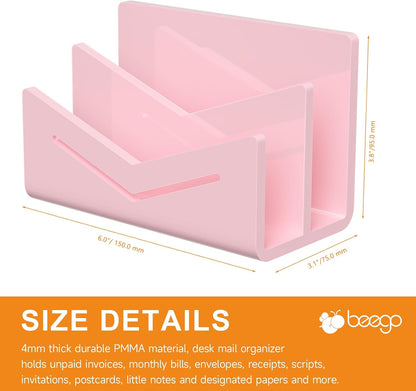 Beego Envelope and Mail Organizer Countertop - Clear Acrylic Desk Organizer Letter Holder Desktop File Sorter Bill Document Folder Rack for Office, Home, School Desk Organization