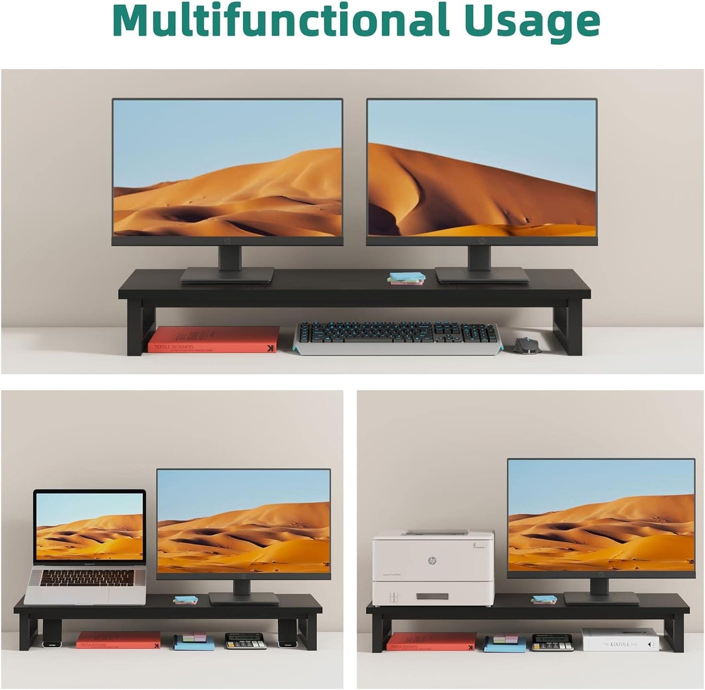 YAOHUOO Dual Monitor Stand Riser, 39Inch Large Monitor Stands for 2 Monitors, Computer Monitor Stand, Wooden Desktop Oraganizer Shelf for Office Desk Computer,Laptop,TV