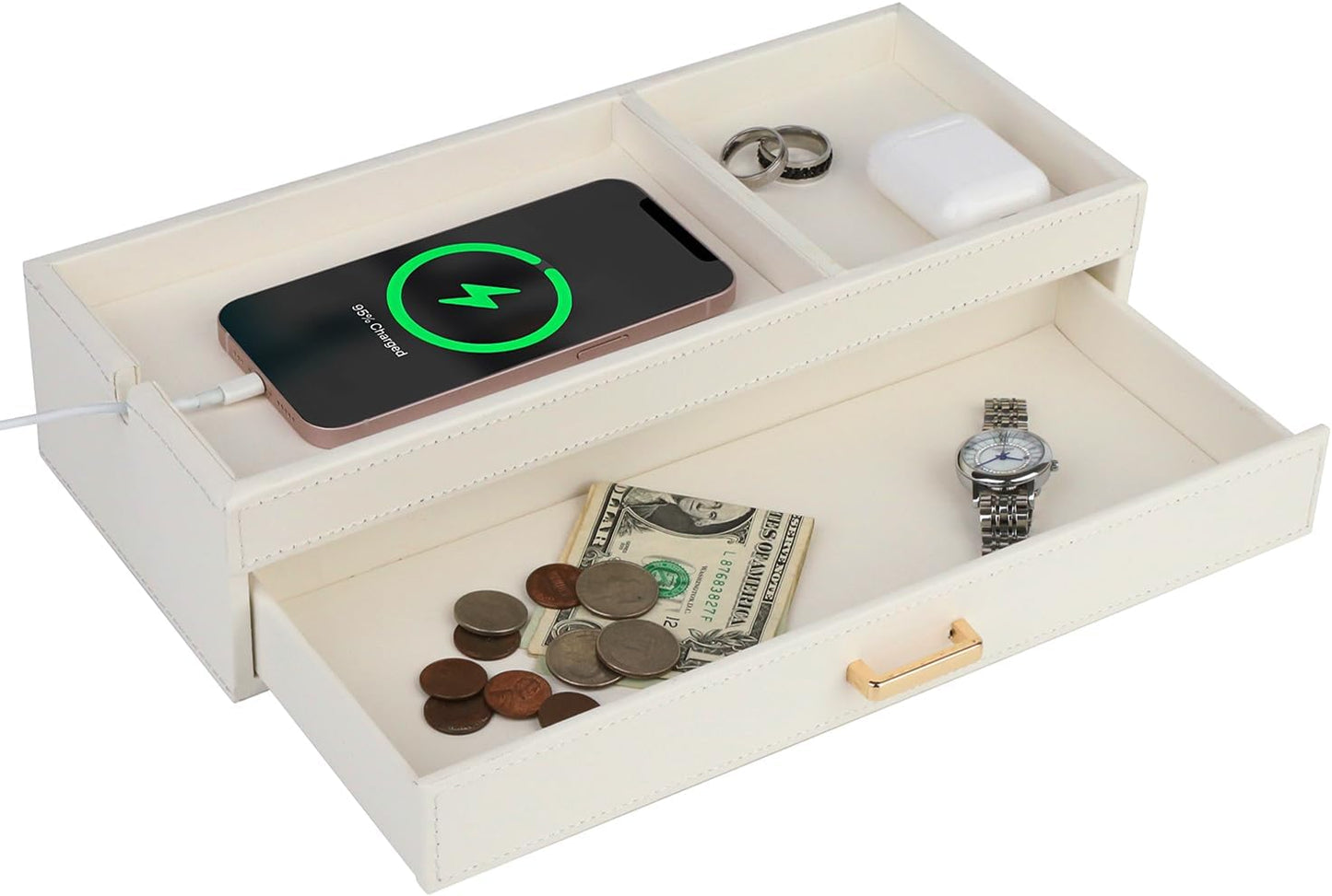 HofferRuffer Valet Jewelry Tray Organizer with Drawer, Faux Leather Storage Catchall Box Phone Charging Station Tray with Dresser Nightstand Desktop Drawer Organizer (Black)