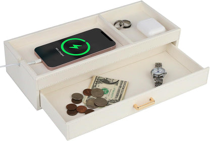 HofferRuffer Valet Jewelry Tray Organizer with Drawer, Faux Leather Storage Catchall Box Phone Charging Station Tray with Dresser Nightstand Desktop Drawer Organizer (Black)