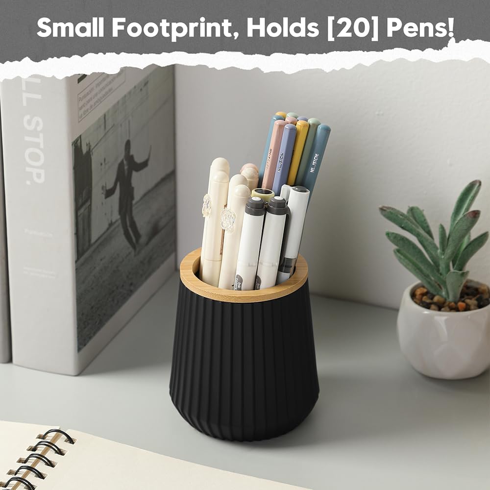 YAUKPH Pen Cup Pencil Holder Desk Organizer Small Plastic Desktop Storage with Striped Bamboo Wood Trim Modern Minimalist Design for Office School Pencils Pens Markers (Matte Black)