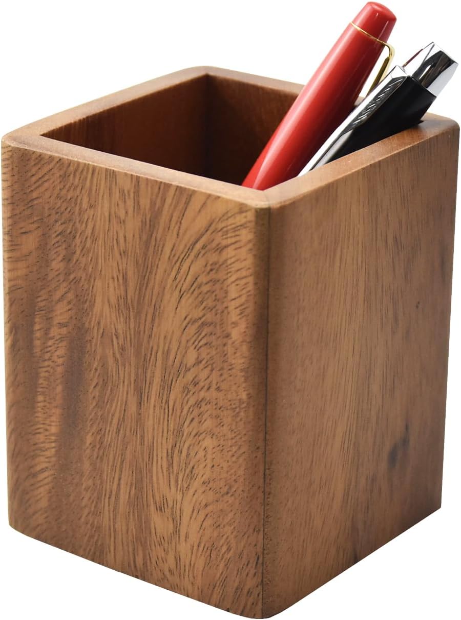 Walnut Wooden Pencil Holder Cup for Desk Natural Wood Pen Holder Stand for Office Home (Square)