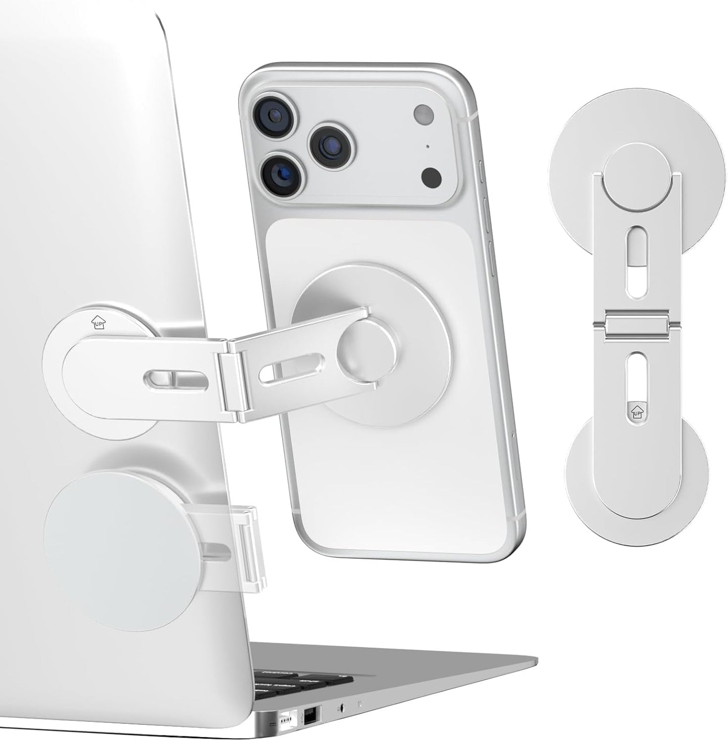 CloudValley Magnetic Phone Laptop Holder Mount, Foldable Hidden Portable Stand for iPhone 17/16/15/14/13 & All Phone, Clamp for Monitor Side, Compatible with Laptop, Desktop, Tesla Model 3/ Y, Silver