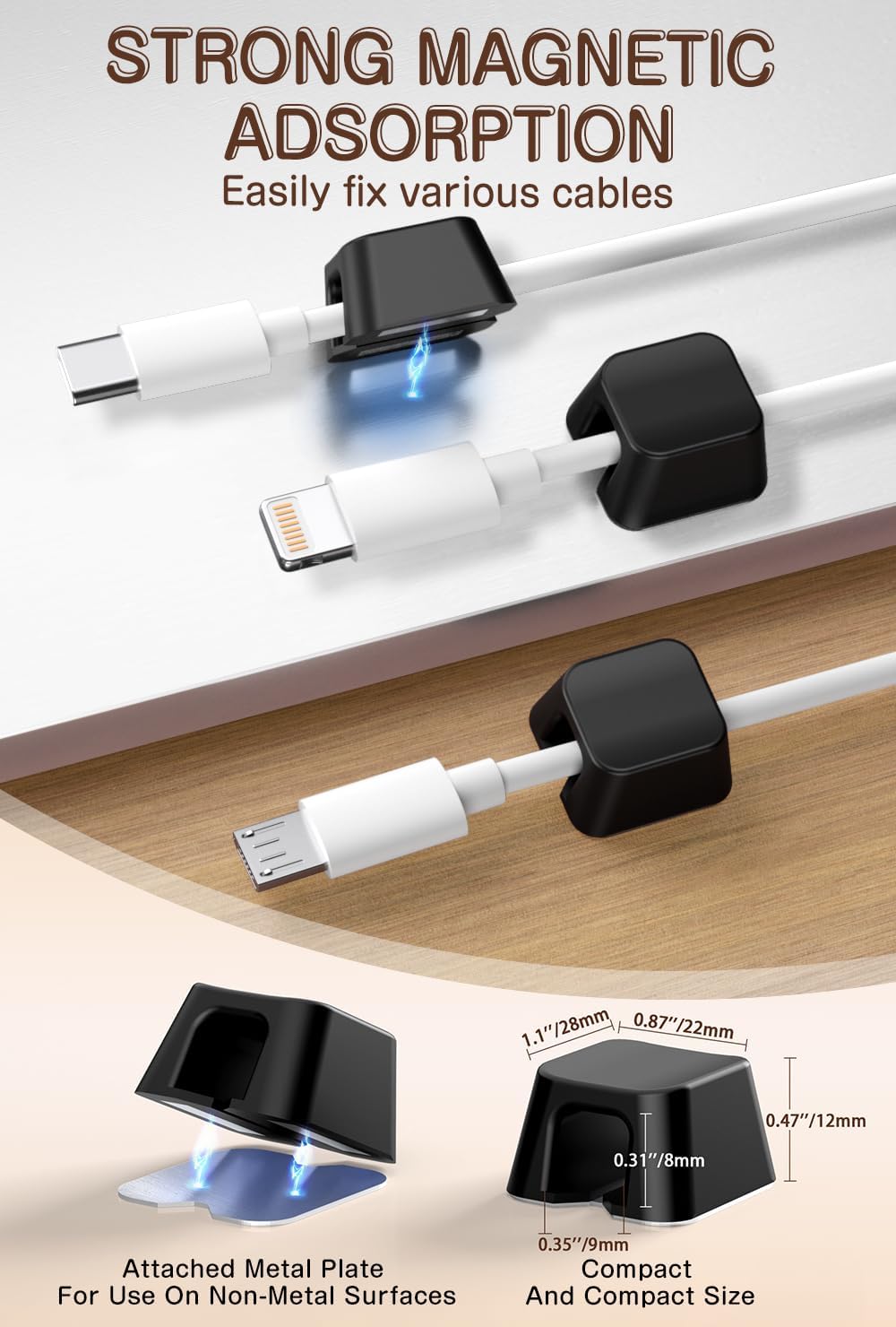 Maveek Magnetic Cord Holders, 5 Pack Silicone Magnet Cable Clips with Metal Plates, Standing Desk Wire Organizer for USB Charging Cables, Nightstand, Car, Metal Surface (Small, White)