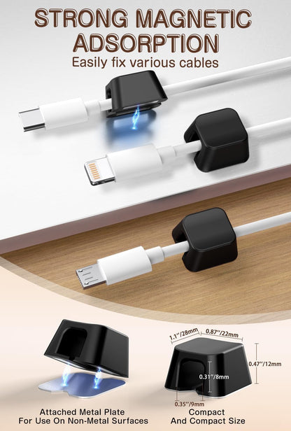 Maveek Magnetic Cord Holders, 5 Pack Silicone Magnet Cable Clips with Metal Plates, Standing Desk Wire Organizer for USB Charging Cables, Nightstand, Car, Metal Surface (Small, White)