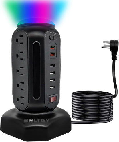 Flat Plug Total Fast Charging Station, Protector with 15 AC Outlets and 6 USB Ports (2 Fast Charge), Tower Surge Protector Power Strip, 6.5FT Extension Cord for Home Office Dorm Room.