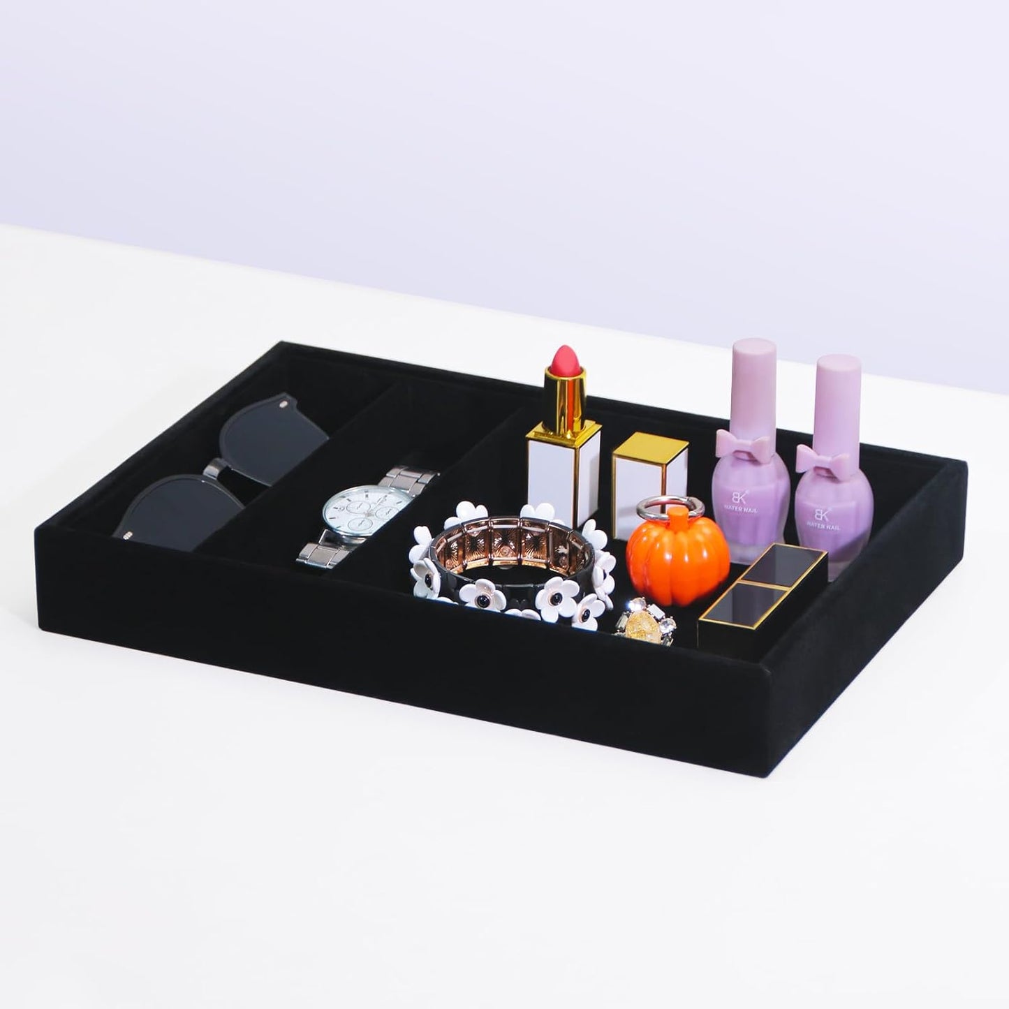 Bedside Organizer - Multi-use Nightstand & Desk-top Catchall Tray for Jewelry, Sunglasses, Phone, Watch, Perfume, Lipstick (Beige 3Grid)