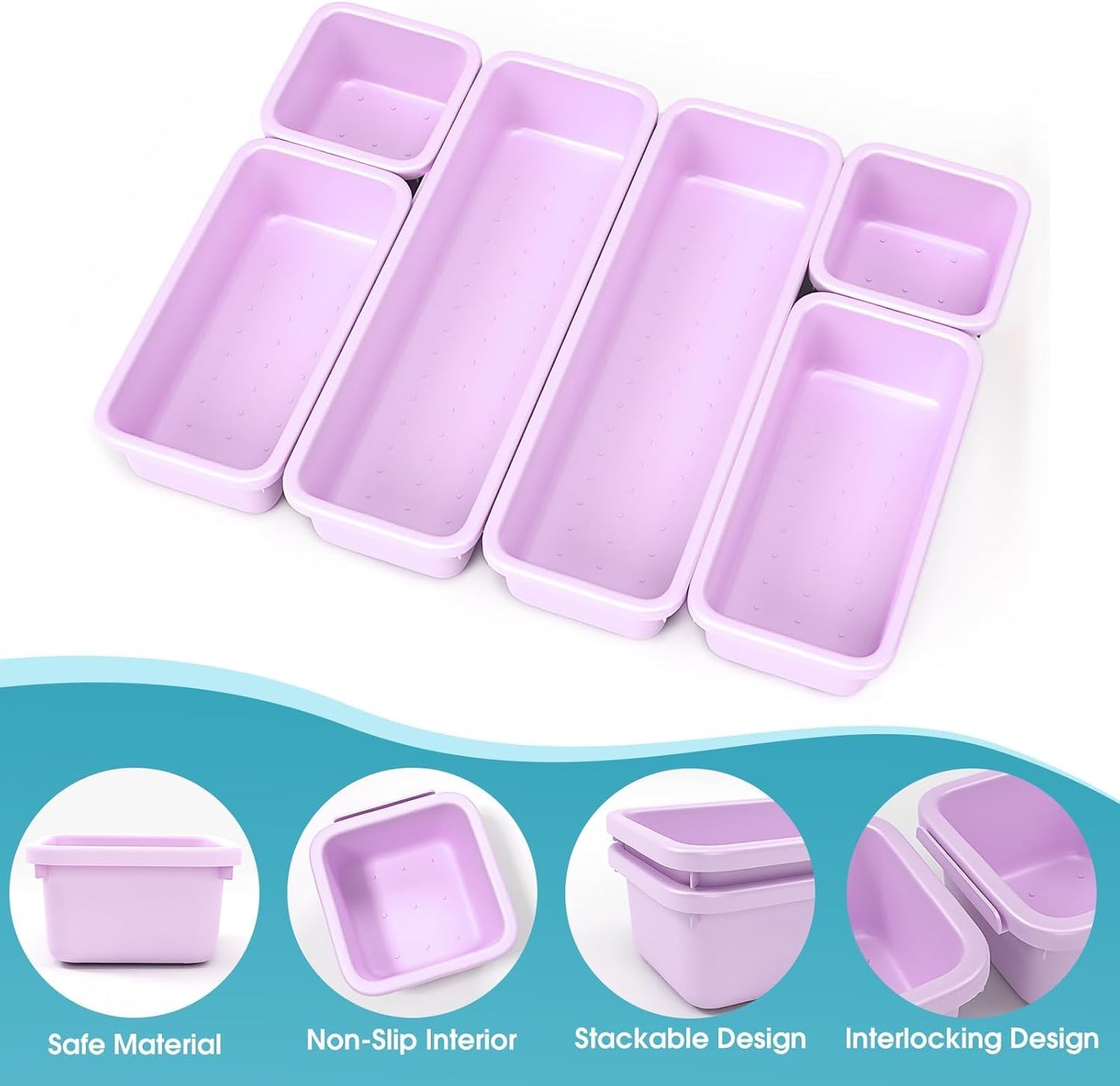 StoreHappily 10 PCS Drawer Organizer Set, 4 Size Makeup Drawer Divider Organizer With Non-Slip Pads, Interlocking Plastic Storage Bins for Office,Jewelry Vanity,Gadgets, Bathroom,Kitchen, Black
