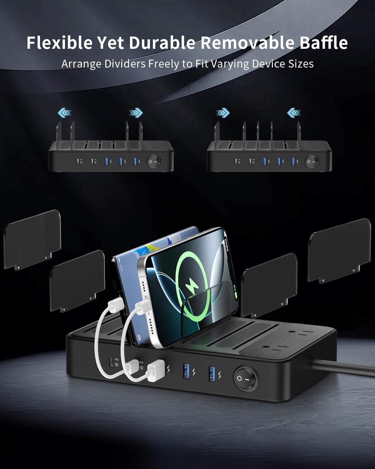 85W Charging Station for Multiple Devices,7 Port USB Charger Stations with 2 AC, 2 USB C, 3 USB A,Family Multi-Device Organizer Charging Dock -Designed for iPhone iPad Android Cell Phone Tablet,Black