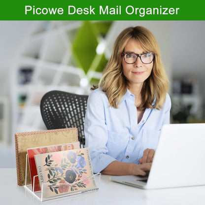 Picowe Acrylic Mail Organizer, 3-Tier Desktop File Holder for Letters, Envelopes, Bills, Paper, Desk Organizer Vertical Letter Sorter for Office and Home