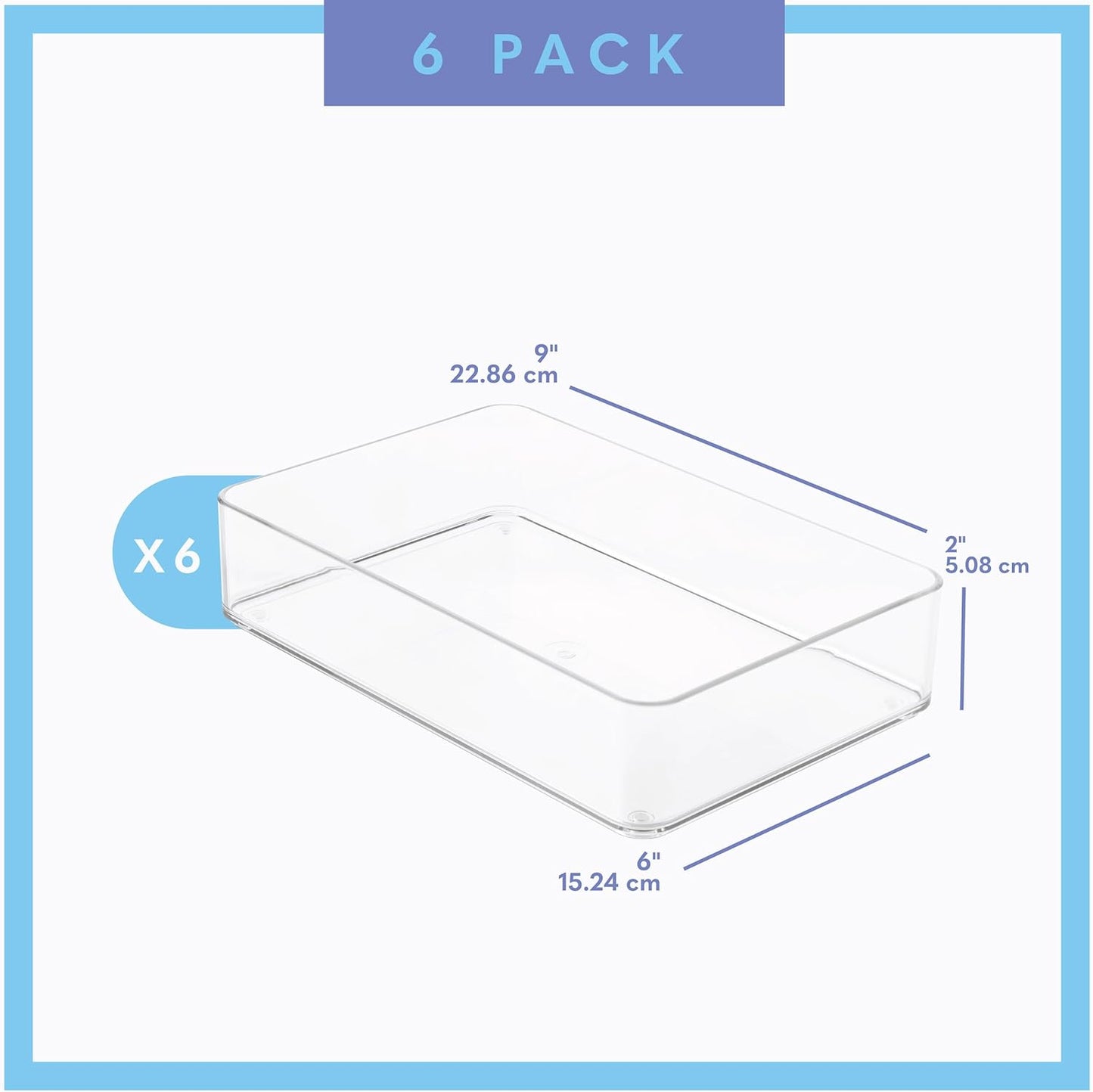 primebox Plastic Clear Drawer Organizers. Bathroom. Kitchen, Bedroom, Utensils, Office Organizer Bins, Storage Trays. Stackable. 9" x 6" x 2" Set of 6
