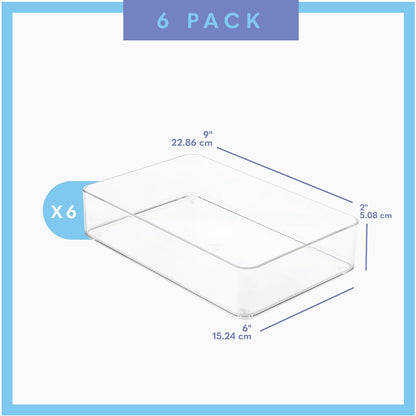 primebox Plastic Clear Drawer Organizers. Bathroom. Kitchen, Bedroom, Utensils, Office Organizer Bins, Storage Trays. Stackable. 9" x 6" x 2" Set of 6