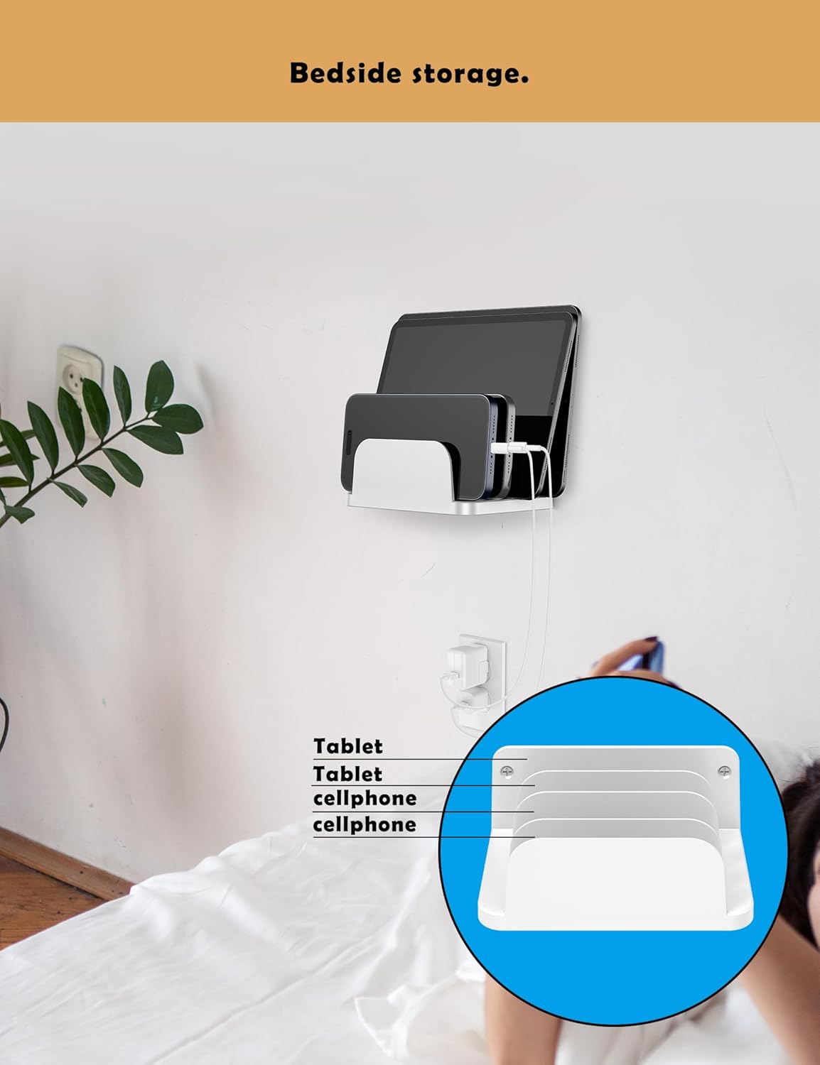 Phone Wall Mount Storage Organizer, Compatible with iPhone and Android, Holds Four Phones or Tablets at Once Charging Holder Station Fit for ipad, Kindle and More (Black)