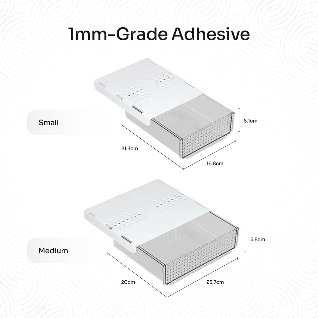 Slide and Stash Under Desk Drawers Office Organizer 2-Pack Small and Medium – Office Organization Drawer Slides Include Adhesive Tape – Easy DIY Installation for Desk Organization, Cupboard, Wardrobe