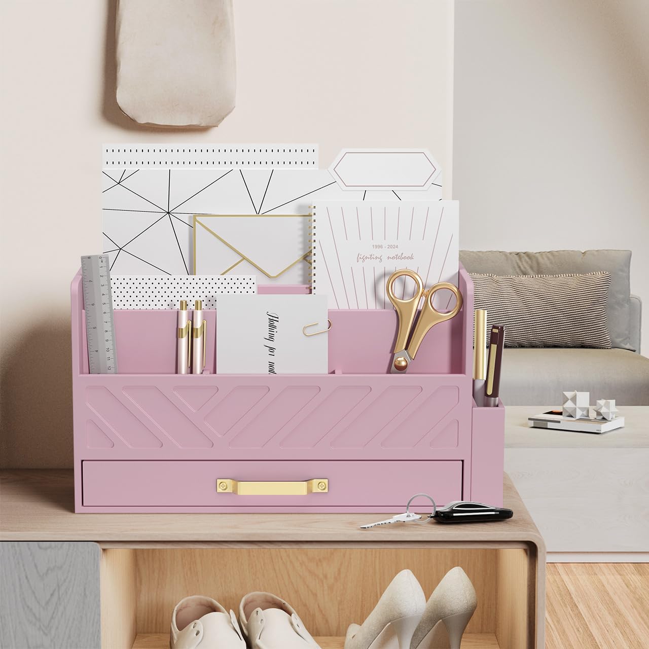 WISUCART Bamboo Desk Organizer Mail Holder Countertop Wood Desk Drawer Tabletop Storage Box Pen Holder Letter Sorter Makeup Organizer for School Home Office Supplies with Pen Holder White