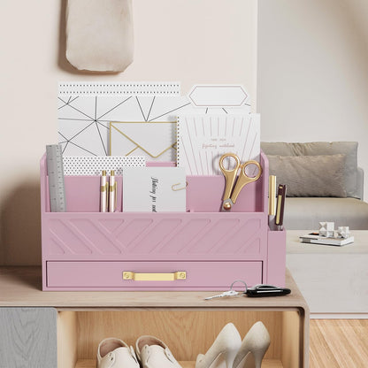 WISUCART Bamboo Desk Organizer Mail Holder Countertop Wood Desk Drawer Tabletop Storage Box Pen Holder Letter Sorter Makeup Organizer for School Home Office Supplies with Pen Holder White