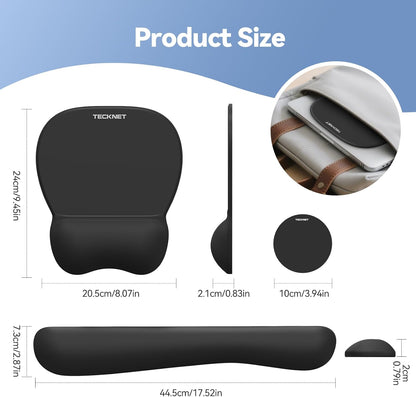 TECKNET Gel Mouse Pad with Wrist Rest, 3 in 1 Keyboard Wrist Rest for Pain Relief, Non-Slip PU Base & Easy Typing, Ergonomic Mousepad Set for Office & Home（Black）